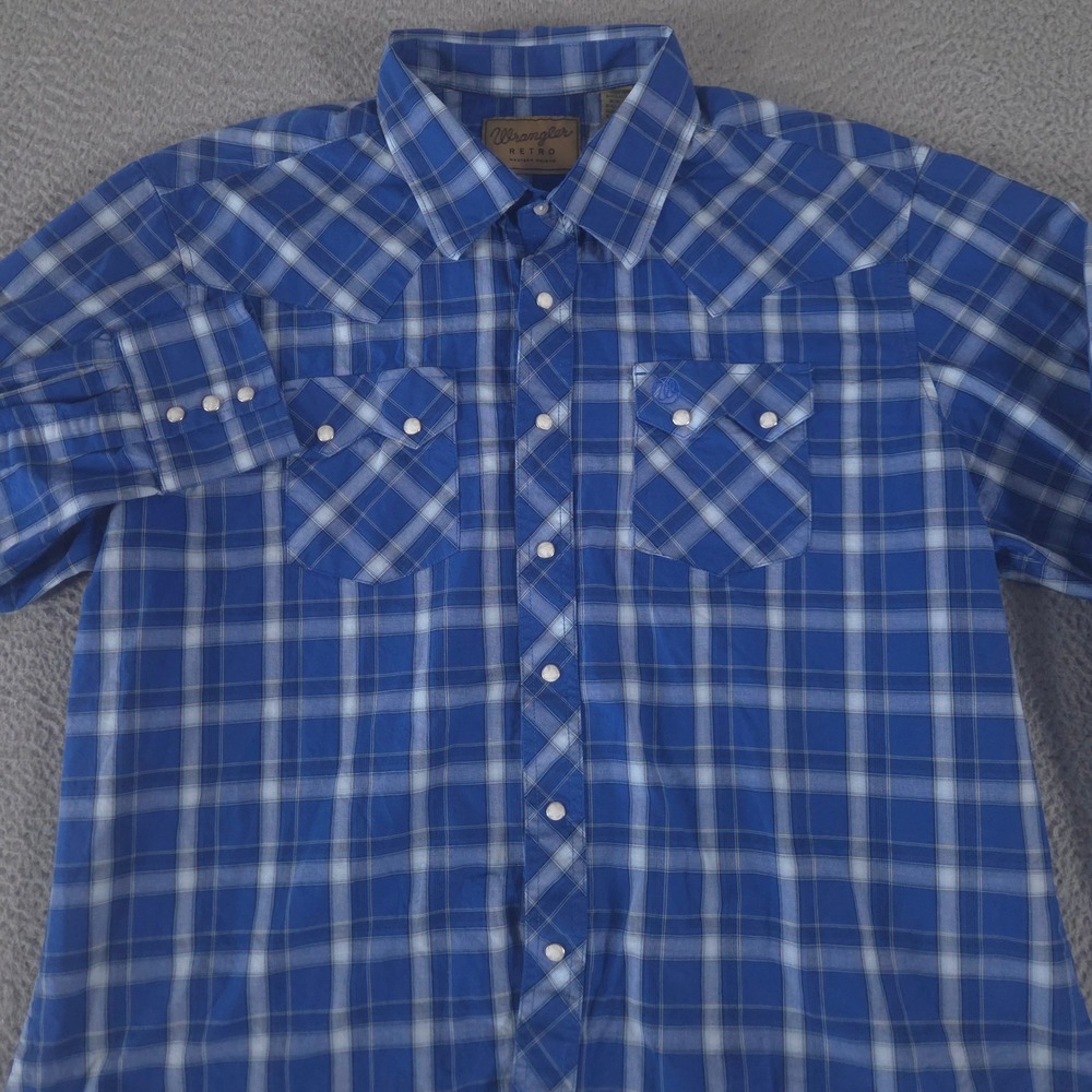 Wrangler Shirt Mens XXL Blue Retro Plaid Pearl Snaps Sawtooth Cotton Western‎